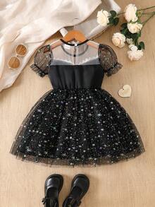 1pc Girls Casual Solid Color Soft Comfortable Woven Fabric With Ruffle Splice Star & Polka Dot Pattern Mesh Bubble Short Sleeve Mid-Length Dress, Suitable For Outdoor Wear, Spring/Summer - Black - View 3