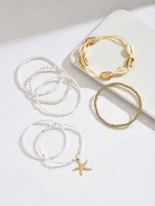 7件套波西米亚风串珠海星贝壳脚链套装，适合女性，夏季海滩度假派对佩戴，可作礼物（珠子颜色/位置随机） - 橫紋海星腳鍊 - 查看 2