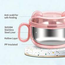 1pc Baby Tableware 304 Stainless Steel Anti-Drop Bowl With Lid, Cartoon Dual-Ear Bowl, Baby Feeding Bowl Non-Scalding Easy To Grip - Multicolor - View 5