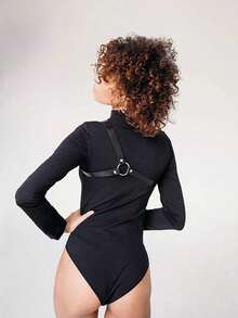 1条男女通用皮革可调节扣环腰带，朋克风格皮带 - 黑色 - 查看 4