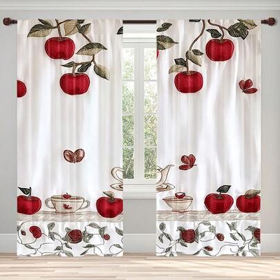 2 piezas Cortinas con estampado de frutas bordadas de estilo moderno con un estampado plano 2D de manzanas y tazas. Hechas de tela de poliéster 100% duradera (sin incluir la barra de cortina), estas cortinas decorativas para exteriores son adecuadas para salas de estar, dormitorios, cocinas, baños y otros espacios.