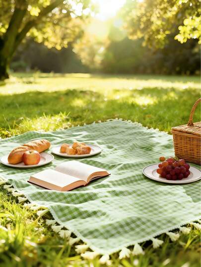 1 pieza Manta de picnic rectangular a cuadros verdes y blancos encantadora - Ideal para el Día de San Valentín, celebraciones de Pascua, hecha de rayón tejido con flecos, adecuada para acampar en invierno, salidas a la playa, fondos de fotografía y accesorios de picnic