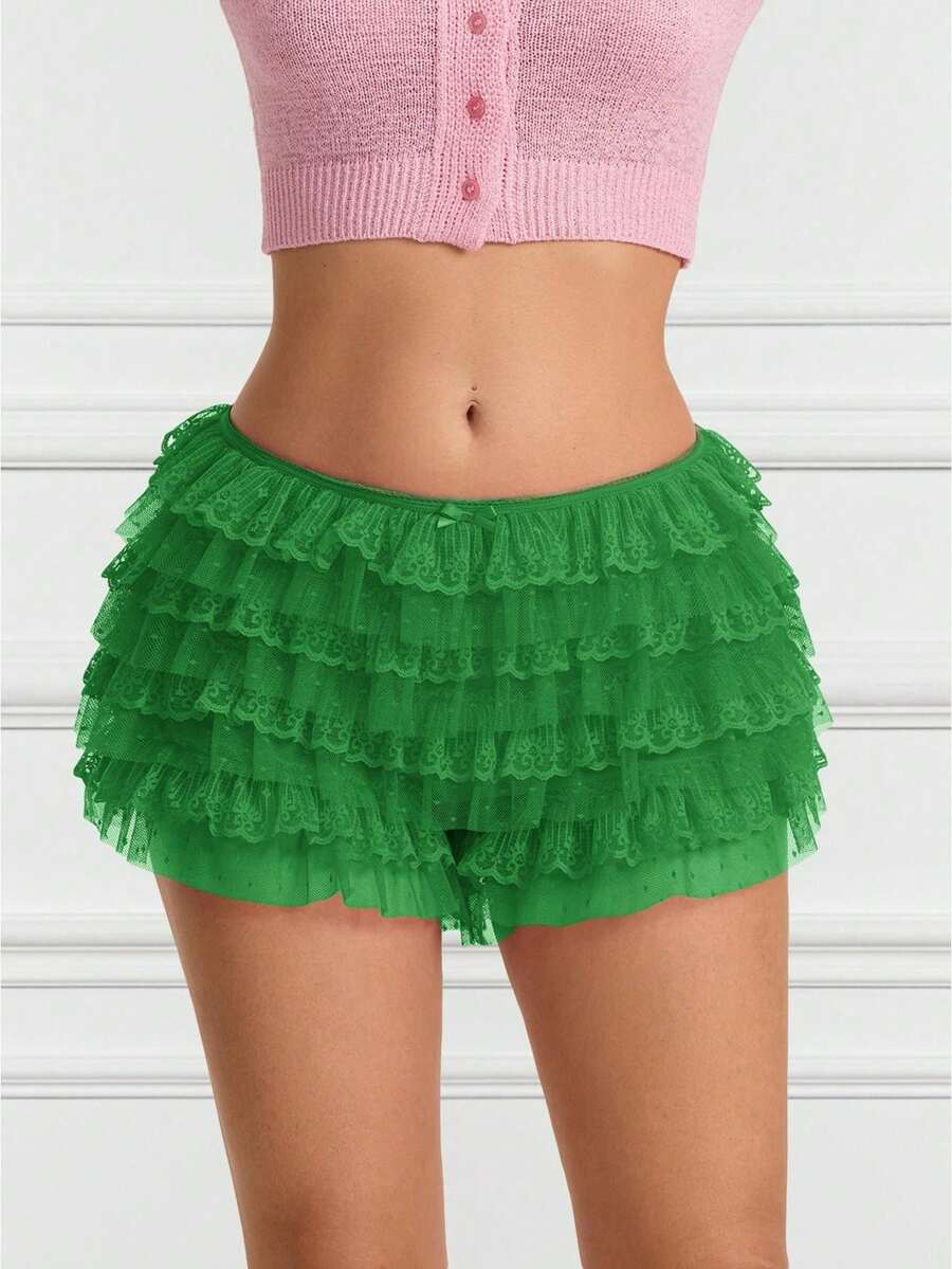 Women Lolita Bloomers Cute Ruffle Shorts Lace Pumpkin Pants Sexy Boyshorts Layered Bottoms Y2k Sweet Kawaii Pettipants - 綠色 - 查看 1