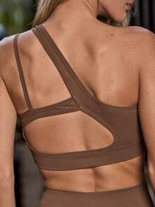 Hauture Women Solid Shoulder-Cutout Top And Shorts Seamless Sports Suit Workout Women Sets - Brown - View 3