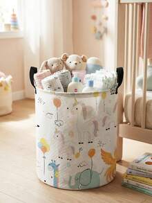 1 件可爱动物图案可折叠大容量圆形收纳篮带手柄，多用途储物箱，适用于育儿室、婴儿用品、尿布、衣服、玩具收纳盒，可折叠婴儿用品收纳盒 - 彩色 - 查看 21