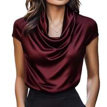 New Women's Clothing With A Draped Collar And A Draping Effect, Short-Sleeved Top, Versatile Shirt For Women - 酒紅色 - 查看 6