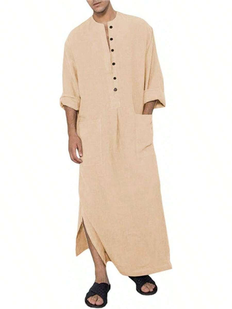 Men's Long Sleeve Cotton Robe Kaftan For Beach Casual Wear - 01-màu kaki - Xem 1