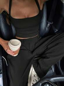 Áo tank top thể thao năng động, màu trơn, hở lưng, dây chéo, gợi cảm, thích hợp mặc thường ngày cho nữ, màu đen mùa hè. - màu đen - Xem 4
