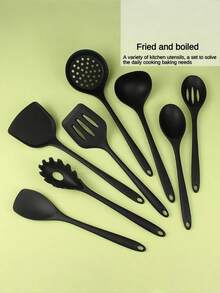 8pcs Silicone Kitchen Cooking Utensil Set, Including Chinese Spatula, Wok Spatula, Soup Ladle, Strainer, Frying Spatula, Pasta Server, Salad Tongs, Honey Dipper, Available In Red And Black Colors - Multicolor - View 3