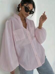 宽松、轻盈、透气的纯色前扣口袋休闲女式时尚半透明长袖衬衫，适合度假、假日和日常穿着，春夏款。 - 淺粉色 - 查看 4