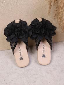 1 Pair Girls' Mesh Embroidered 3D Flower Peep-Toe Flat Sandals, Suitable For Spring And Summer, Princess Shoes - Black - View 5
