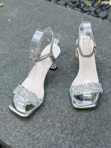 Pantofi de seară eleganți cu toc gros și vârf pătrat, cu toc jos, pentru fete adolescente, din metal și cristale - Argint - Vizualizare 10