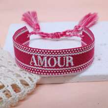 1条手工刺绣法式“AMOUR”创意编织复古风格手链，适合情侣佩戴，节日礼物 - 玫紅色 - 查看 8