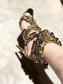 Women's Ankle Leg Lace Up Gold Link Chain Clear PVC Strappy Stiletto Round Toe High Heeled Sandals Party Wedding PVC Glass Wedding - Vàng - Xem 5