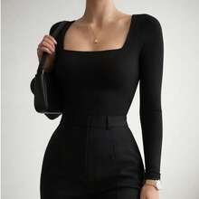 Women's Long Sleeve Square Neck Bodysuit In Spandex, Autumn/Winter Style, Immediate Shipping, Various Colors, Plus Size, One Size Fits All, Chic And Elegant - 黑白棕色 - 查看 4