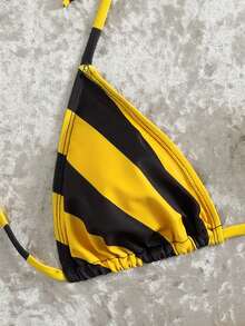 阳光条纹两件式女士泳装 - 亮黄色和黑色挂脖比基尼，系带下装 | 完美打造海滩度假和泳池边的迷人夏日风情 - 黃色 - 查看 9