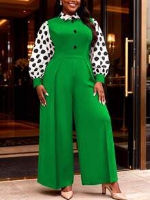 Elegant Plus Size Green Long Jumpsuit, Decorated With Polka Dot Bishop Lantern Sleeves, Shirt Collar And Button Accents, Loose And Comfortable - Green - View 1
