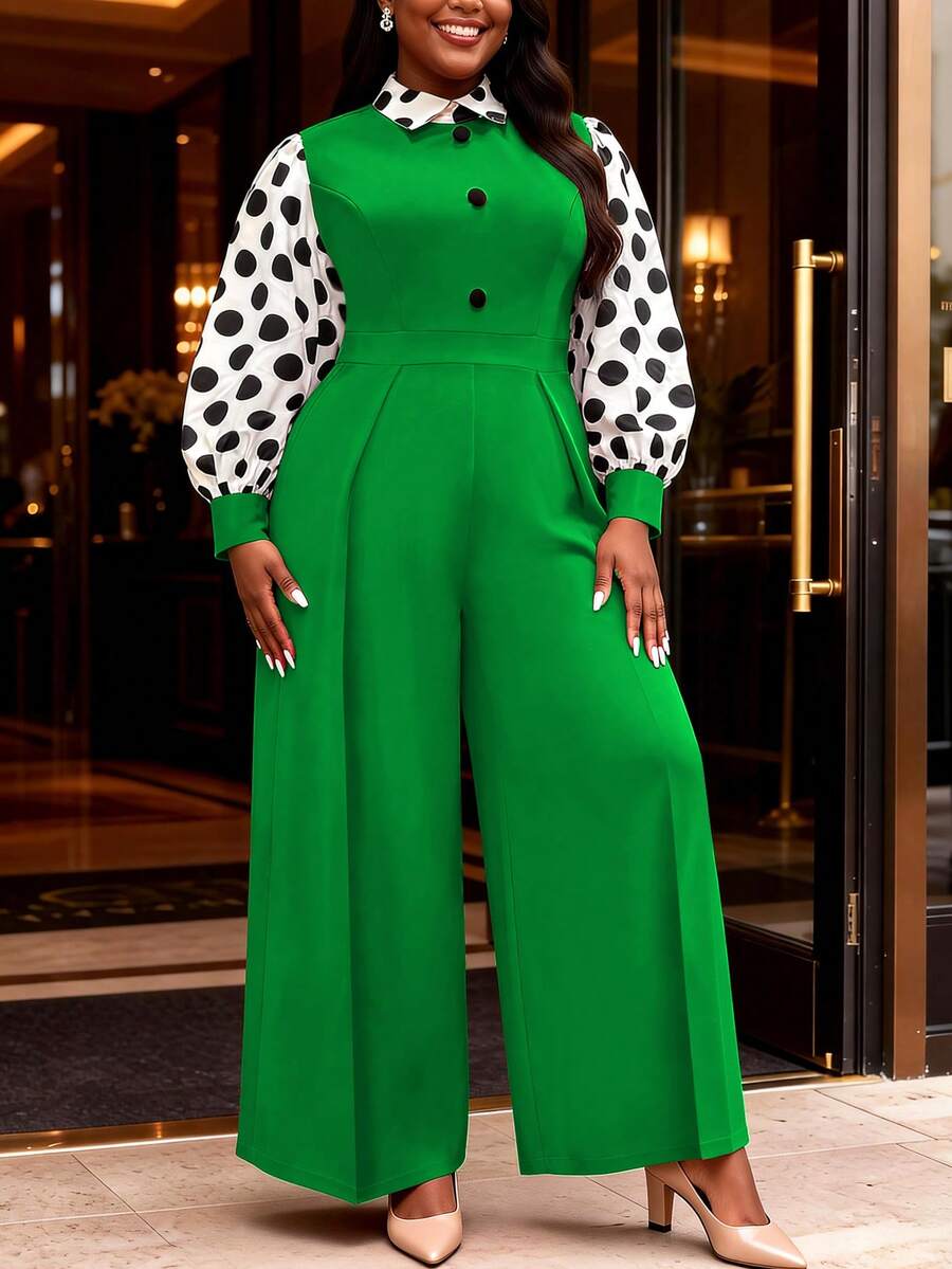 Elegant Plus Size Green Long Jumpsuit, Decorated With Polka Dot Bishop Lantern Sleeves, Shirt Collar And Button Accents, Loose And Comfortable - Green - View 1