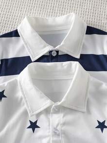 4pcs/Set Toddler Boys' Casual Classic Retro Style Contrast Color Striped/Star Pattern Polo Shirt With Loose Solid Color Shorts Set, Spring/Summer - Multicolor - View 5