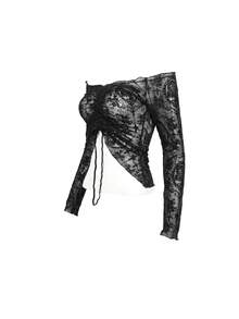 Devil fashion Blusa de encaje con hombros descubiertos y cordón, camiseta interior transparente de manga larga con estampado de cruz y rosa en estilo gótico - Negro - Ver 6