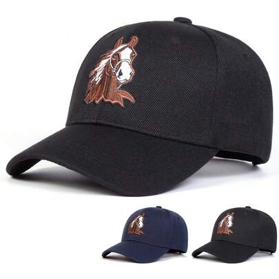 1pc Adjustable Baseball Cap With Horse Embroidery, Outdoor Sun Protection Casual Hat Suitable For Spring, Autumn, Travel, Beach, Party
