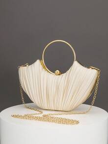 女士褶皱手拿包，金属腕带设计，欧美风格，高端简约方形手提包，适合婚礼、晚宴、正式活动、派对等场合，可作单肩包使用，配有高品质链条肩带 - 杏色 - 查看 6