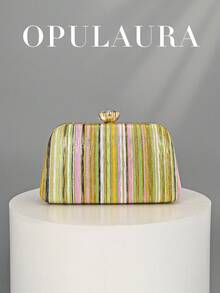 OpulAura 新款条纹图案女士手提包，2026 复古多色条纹链条晚宴包，适合派对女孩、新娘、新婚夫妇和职业人士出席派对、舞会、婚礼等场合，迷你盒装（图案随机），适合工作、商务旅行、外出、通勤，不对称条纹图案包 - 綠色 - 查看 5