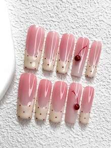 10片手工亚克力短款按压式美甲贴片，日式杏仁/鸭嘴/长方形甲片，粉色/樱桃红/星星美甲贴纸，约会和各种场合必备 - 彩色 - 查看 10