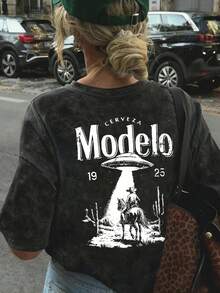 New American-Style Unisex Cotton T-Shirts Featuring Fun Retro Western Cowboy Cartoon Lettering Prints. Comfortable, Retro, Stylish, And Versatile Y2K Streetwear, A Must-Have For Commuting. Classic Niche Punk-Style Slim-Fit Black Crew Neck Short-Sleeved Washed T-Shirt. Comfortable Pure Cotton Washed Retro Series T-Shirts, Easily Creating A Retro Casual Look, Suitable For Daily Commutes, Casual Outings, Music Festivals, And Everyday Wear. Classic Retro Style, Men's Printed T-Shirts, Women's Printed T-Shirts. - Black - View 5