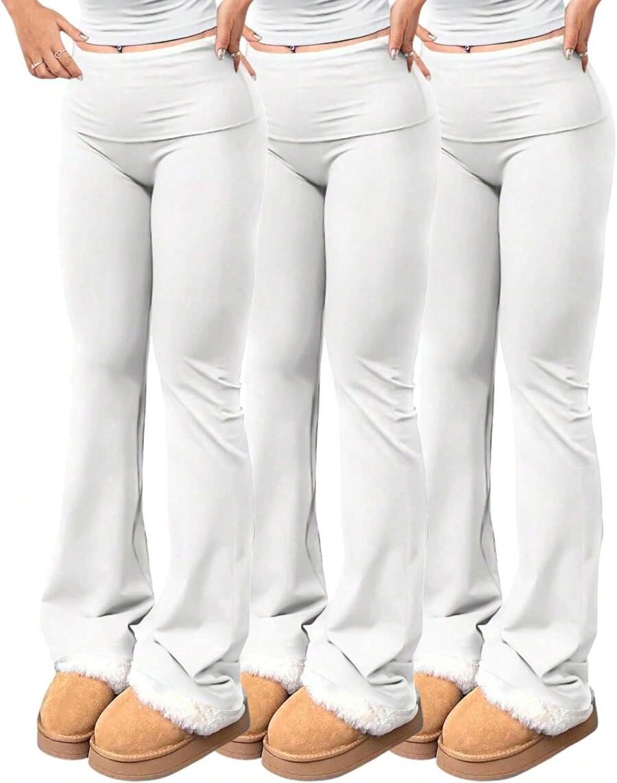3 Piece Women's High Waisted Flare Leggings Tummy Control Yoga Pants Bootcut Wide Leg Stretch Comfort Workout Pants - 3件套 白色 - 查看 1