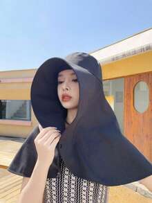 1pc Women's Large Brim Beach Hat With Shawl Covering And Full Sun Protection - Multicolor - View 3