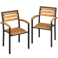 Outsunny 兩把裝可疊放戶外椅，木條椅面，實木扶手，金屬框架，適用於花園、陽台、露台，天然飾面 - 原木色 - 查看 2