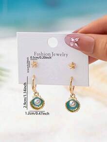 1pc Starfish & Shell Pearl Drop Earrings - Coastal Fashion Summer Jewelry - Multicolor - View 2