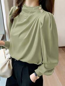 Camisa casual y ligera para mujer con cuello mao, diseño plisado y mangas princesa, adecuada para primavera y otoño - Verde Oliva - Ver 4