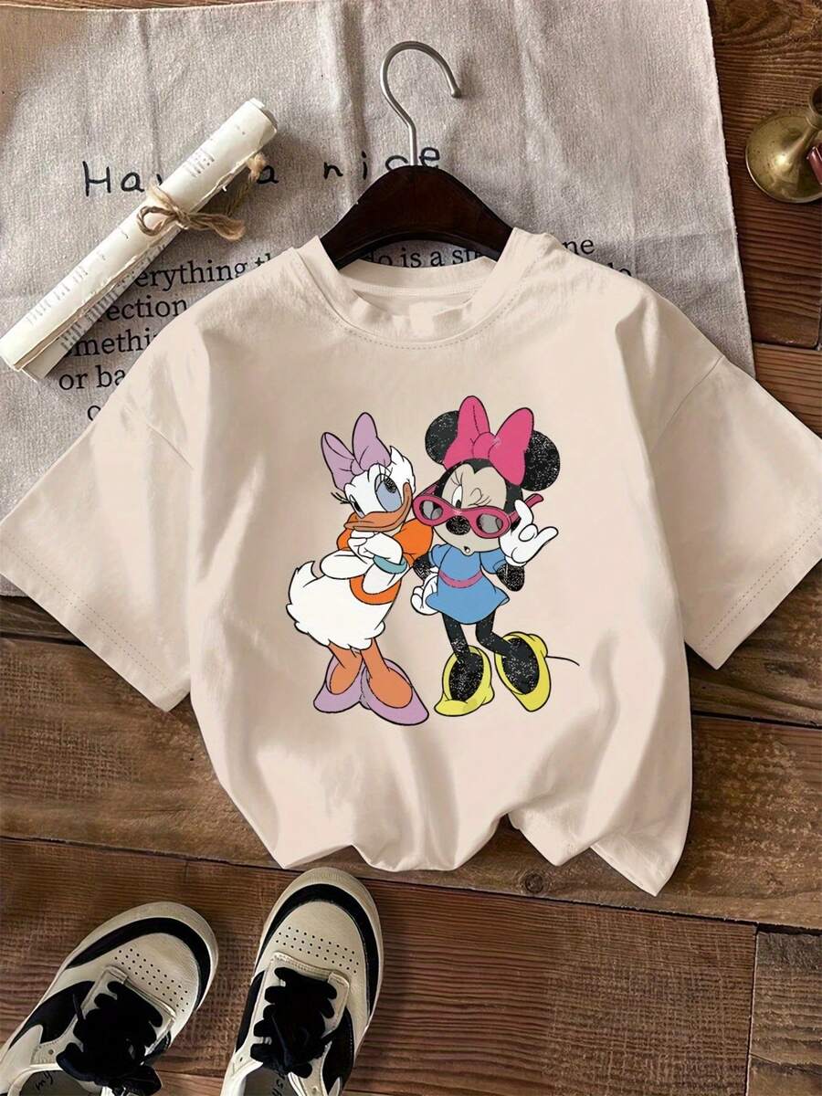 Minnie Mouse, Daisy Duck, Disney T-Shirt, Graphic Tee, Casual T-Shirt, Crew Neck, Short Sleeve, Women's Top, Unisex, Spring Summer, Cartoon Print, Retro Style, Casual Streetwear, Disney Fan Merch - Apricot - View 1