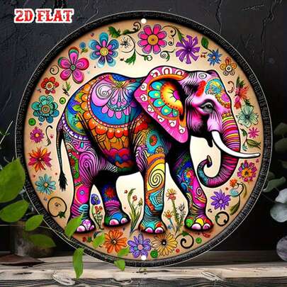 1pc Colorful Elephant Round Plaque With Floral Design, Vibrant Rustic Style Metal Wall Decor, Exotic Vibe. Diameter 7.8 Inches, Suitable For Home, Garage, Restaurant Or Cafe. Random Hole Position