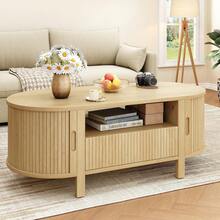 ONBRILL Oak Oval Coffee Table, 47 Inch Fluted Coffee Tables With Cabinets & Sliding Doors, Mid-Century Modern Living Room Tables, Center Table With Storage And Wood Handle For Living Room, Home Small Space - cây sồi - Xem 8