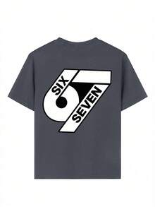 男童“六七”67数字字母印花T恤，适合男孩街头、校园、活动、日常穿着，时尚夏季上衣 - 深灰色 - 查看 7