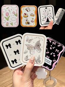 1 pieza Espejo compacto plegable con peine, espejo de maquillaje portátil, estilo aleatorio - Multicolor - Ver 2