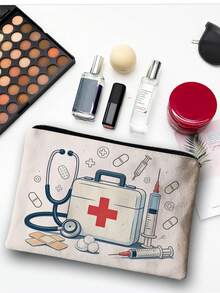 1pc Travel-Friendly Medical Print Makeup Bag | Stylish Canvas Cosmetic Pouch With First Aid Kit Designs | Durable, Water-Resistant, And Spacious Organizer For On-The-Go Essentials | Perfect Nurse Gift & Travel Companion - Multicolor - View 5