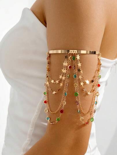 1pc Fashionable Bohemian Style Handmade Pearl & Chain Arm Bracelet, Suitable For Women To Wear In Summer By The Beach, Jewelry Gift