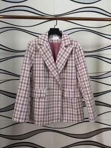Women's Checkered Tweed Blazer, Casual Elegant Checkered Pattern With Buttons On The Front. - 淺粉色 - 查看 1