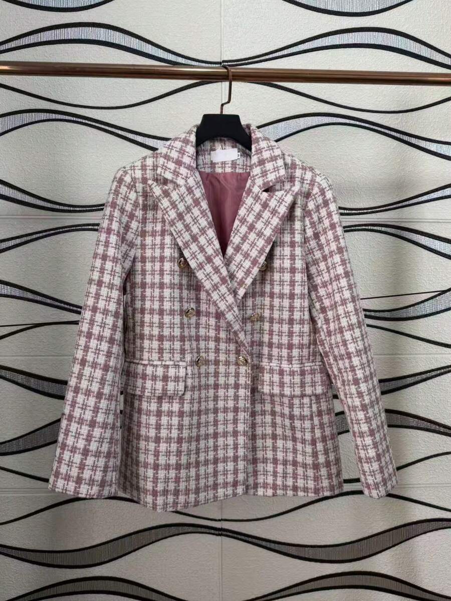 Women's Checkered Tweed Blazer, Casual Elegant Checkered Pattern With Buttons On The Front. - 淺粉色 - 查看 1