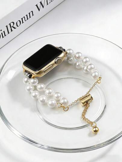 Pearl Metal Chain Watch Band For Women, Adjustable, Compatible With Apple Watch Series Ultra/11/10/9/8/7/6/SE 38/40/41/42/44/45/46/49mm