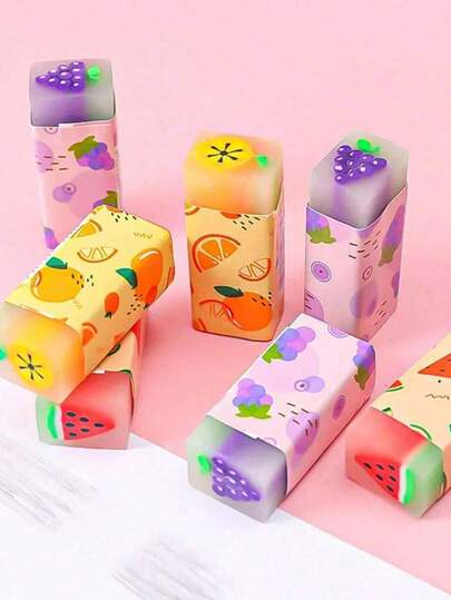 6pcs Cute Creative Fruit Shaped Erasers, Novel Stationery Student Supplies, Perfect Gift For Students/Accessories, Random Colors, Texts, Patterns, Shapes