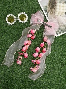 1件装女士百合花蝴蝶结丝带弹簧夹发饰，适合日常佩戴和节日场合，发夹，爪夹 - 粉色 - 查看 4