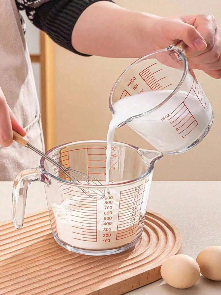 1pc Heat-Resistant Glass Measuring Cup With Markings, Large Capacity Stackable For Easy Storage, Coffee Measuring Cup With Spout Design For Easy Pouring, Transparent Container For Baking, Multipurpose Kitchen Tool Suitable For Kitchen, Baking And Microwave, With Precise Markings And Ergonomic Handle - Transparent - View 1