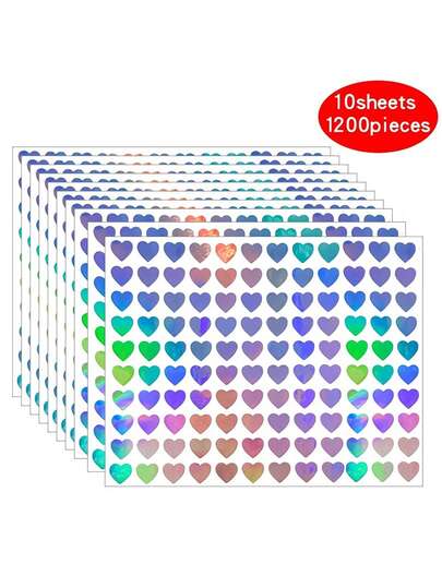 10 Blatt/1200 Stücke glänzende Herz Aufkleber, 1,02 cm, Büromaterial, glänzend holografisch, bunt reflektierend, herzförmig, selbstklebend, geeignet für Umschläge, Notizbücher, Geburtstags- und Feiertagsdekoration