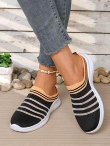New Striped Knit Mule Shoes For Women, Lightweight Breathable Slip-On Loafers, Soft Sole Casual Backless Shoes - Black - View 4