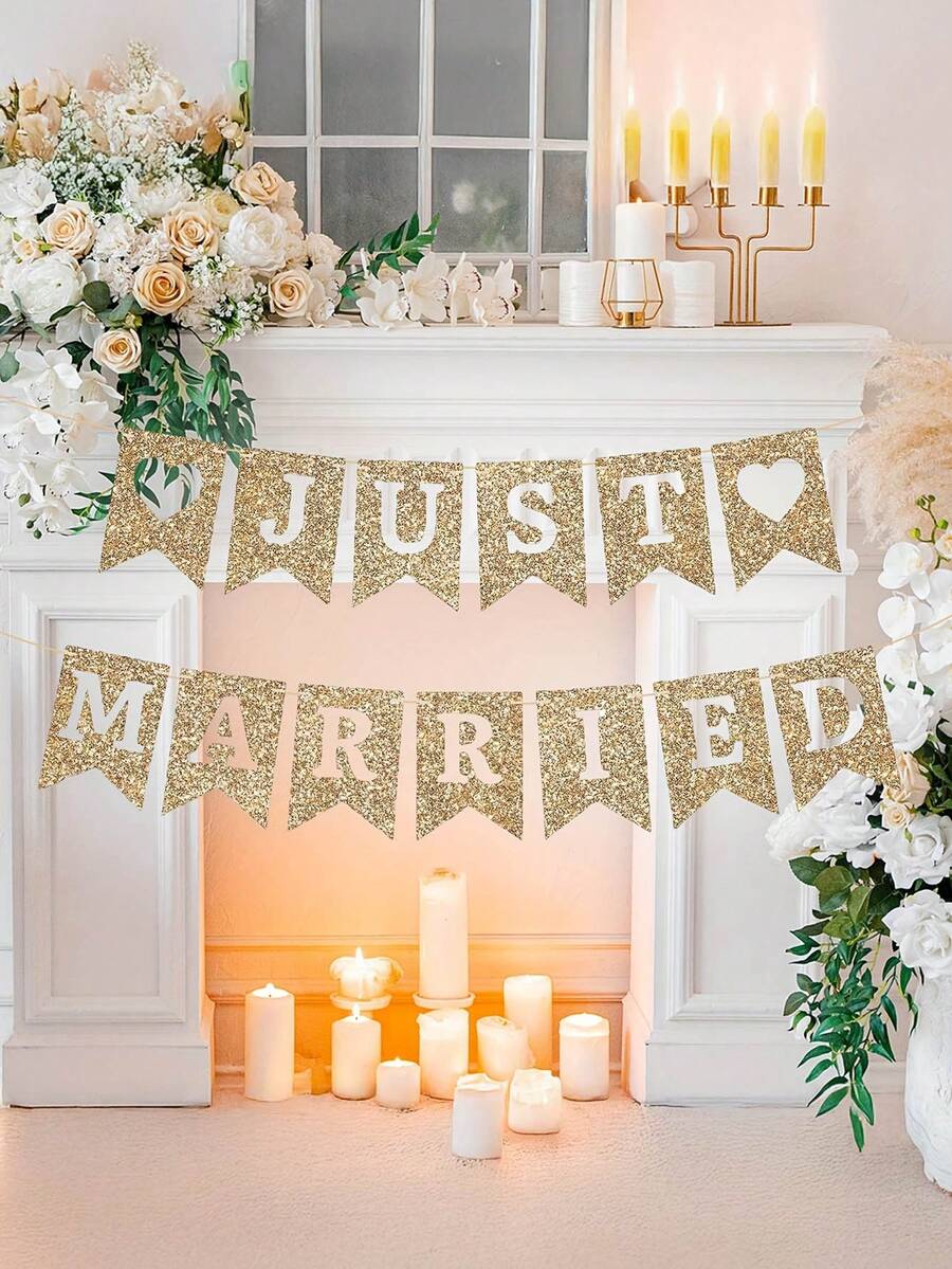 1pc Just Married Banner Golden Glitter Wedding Party Banner - View 1